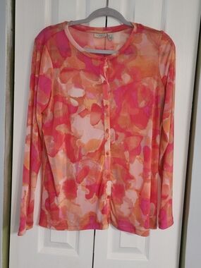 LOGO by Lori Goldstein Pink and Orange Watercolor Button-Front Top Size M